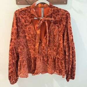 Anthropologie Burnout Velvet Floral Tie Neck Blouse Large Burnt Orange